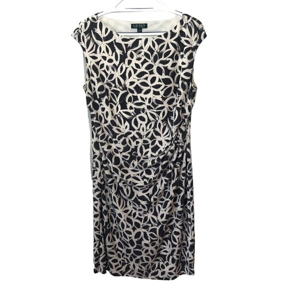 Ralph Lauren Gray Ivory Floral Sheath Dress Ruched Side Lined Cap Sleeve Size16 - Picture 1 of 10